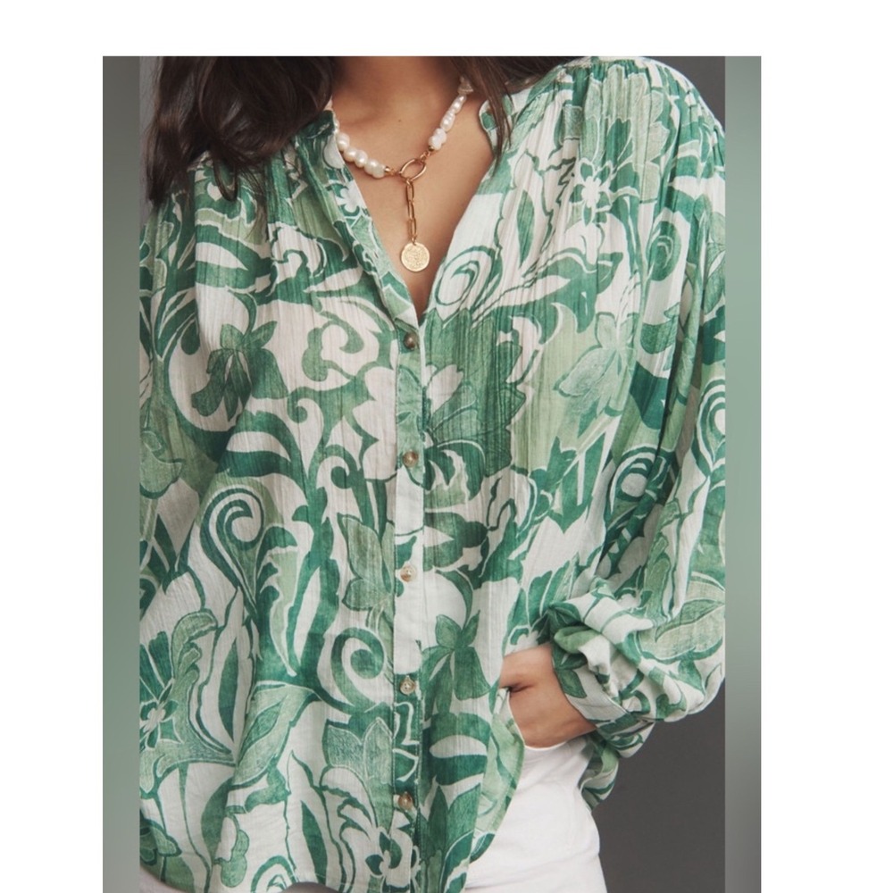 Pilcro Blouse Green White Floral Dolman Sleeve Button Up Boho Flowy Romantic